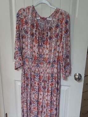 1x Downing Studio Floral Boho Midi Dress in Orange, Navy, and Coral.